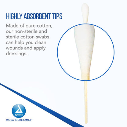 Dynarex 6-Inch Sterile Cotton Tipped Applicators - Single-Use Wooden Cotton Swabs for Wound Care, Makeup & Cleaning - 100 Individually Wrapped Pouches