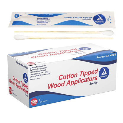 Dynarex 6-Inch Sterile Cotton Tipped Applicators - Single-Use Wooden Cotton Swabs for Wound Care, Makeup & Cleaning - 100 Individually Wrapped Pouches