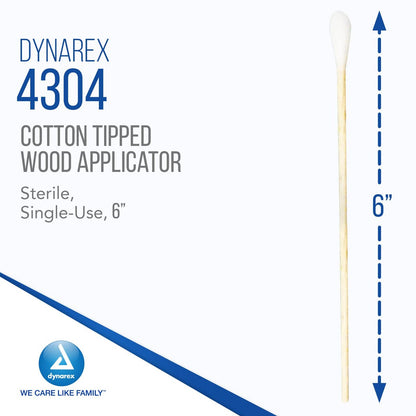 Dynarex 6-Inch Sterile Cotton Tipped Applicators - Single-Use Wooden Cotton Swabs for Wound Care, Makeup & Cleaning - 100 Individually Wrapped Pouches
