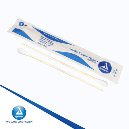 Dynarex 6-Inch Sterile Cotton Tipped Applicators - Single-Use Wooden Cotton Swabs for Wound Care, Makeup & Cleaning - 100 Individually Wrapped Pouches