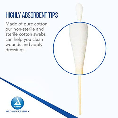 Dynarex 6-Inch Sterile Cotton Tipped Applicators - Single-Use Wooden Cotton Swabs for Wound Care, Makeup & Cleaning - 100 Individually Wrapped Pouches