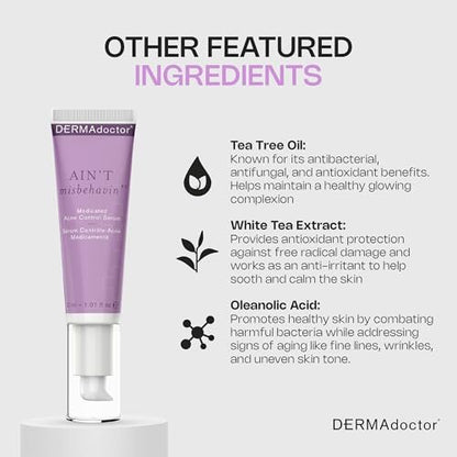 DERMAdoctor Ain't Misbehavin' Salicylic Acid Acne Control Serum – Dermatologist-Formulated Spot Treatment for Cystic Acne & Blemishes with Tea Tree Oil, 1 oz