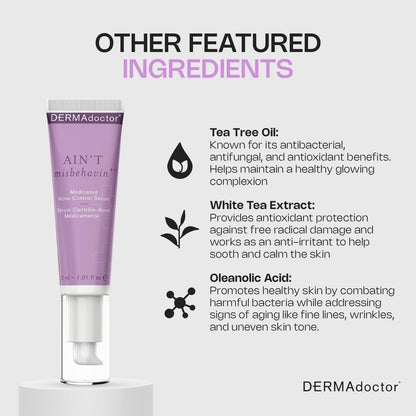 DERMAdoctor Ain't Misbehavin' Salicylic Acid Acne Control Serum – Dermatologist-Formulated Spot Treatment for Cystic Acne & Blemishes with Tea Tree Oil, 1 oz