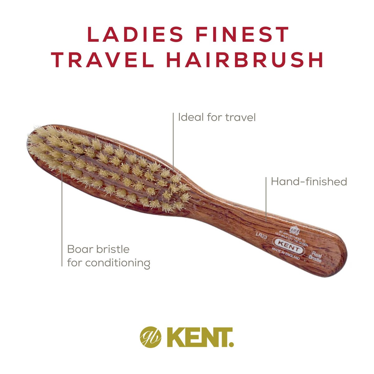 Kent LR23 Finest Ladies Narrow Style Hair Brush - Danta Wood, Pure White Bristle - Handbag Sized for Short to Medium Hair, Made in England - görsel 9