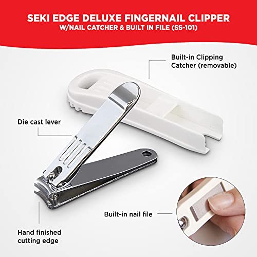 Seki Edge Deluxe Fingernail Clipper with Nail Catcher & Built-in File (SS-101) - Silver, Alloy Steel Avelisse