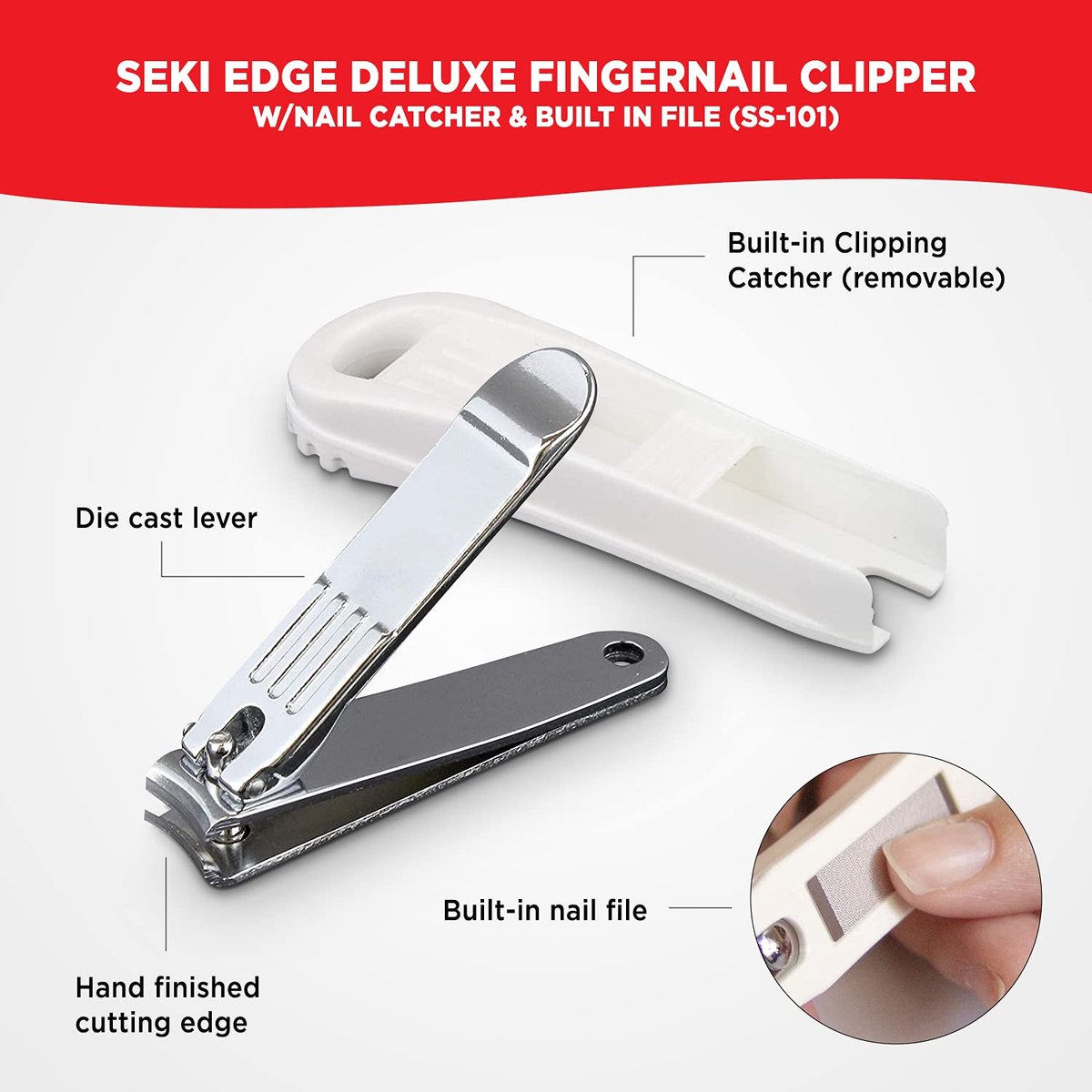 Seki Edge Deluxe Fingernail Clipper with Nail Catcher & Built-in File (SS-101) - Silver, Alloy Steel Avelisse