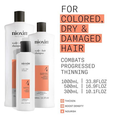 Nioxin System 4 Scalp + Hair Shampoo for Colored or Damaged Hair with Progressed Thinning - 10 Fl Oz
