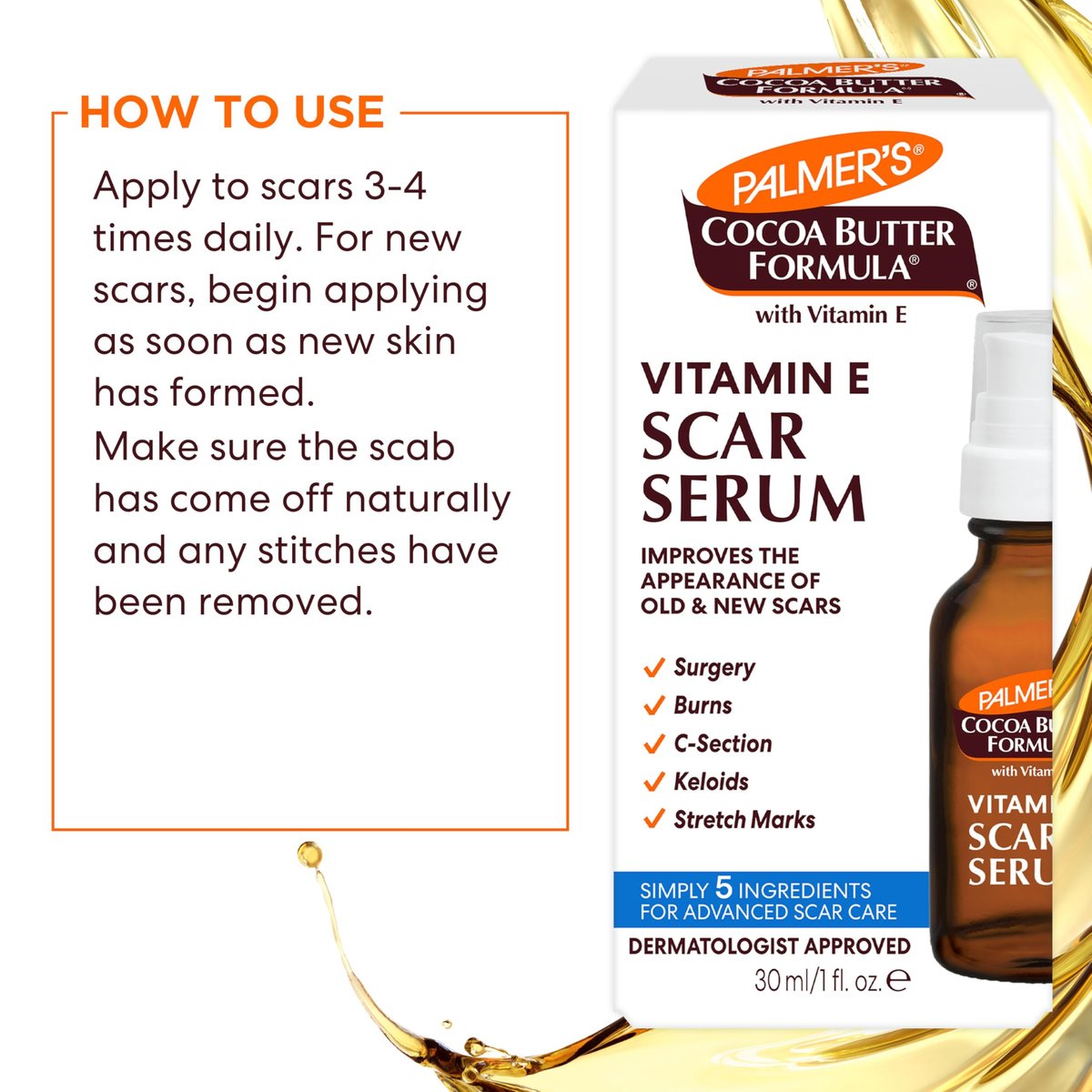 Palmer's Cocoa Butter Formula Scar Serum – Skin Brightening Oil for Face & Body, Concentrated Serum with Vitamin E, Fragrance Free, 1 Fl Oz - görsel 9