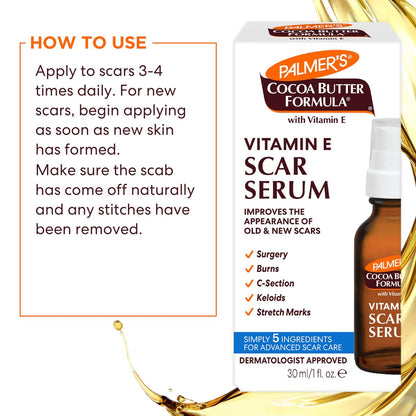 Palmer's Cocoa Butter Formula Scar Serum – Skin Brightening Oil for Face & Body, Concentrated Serum with Vitamin E, Fragrance Free, 1 Fl Oz