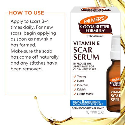 Palmer's Cocoa Butter Formula Scar Serum – Skin Brightening Oil for Face & Body, Concentrated Serum with Vitamin E, Fragrance Free, 1 Fl Oz
