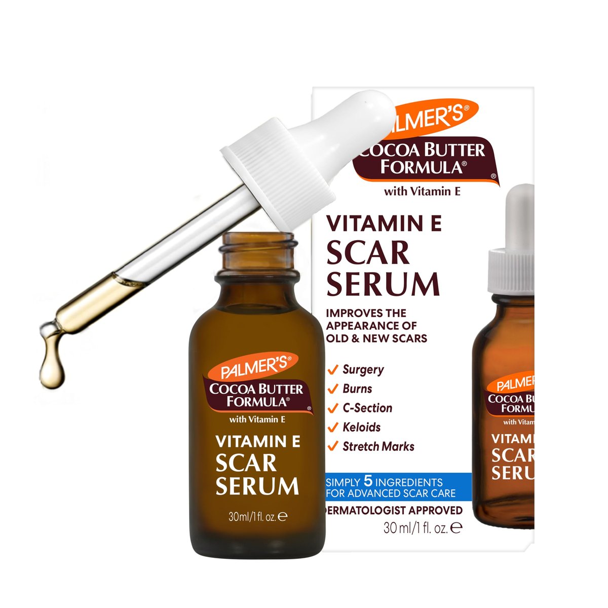 Palmer's Cocoa Butter Formula Scar Serum – Skin Brightening Oil for Face & Body, Concentrated Serum with Vitamin E, Fragrance Free, 1 Fl Oz - görsel 1
