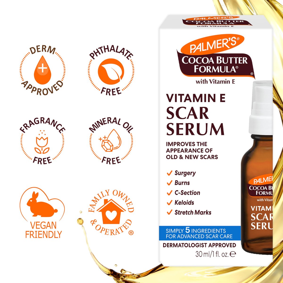 Palmer's Cocoa Butter Formula Scar Serum – Skin Brightening Oil for Face & Body, Concentrated Serum with Vitamin E, Fragrance Free, 1 Fl Oz - görsel 13