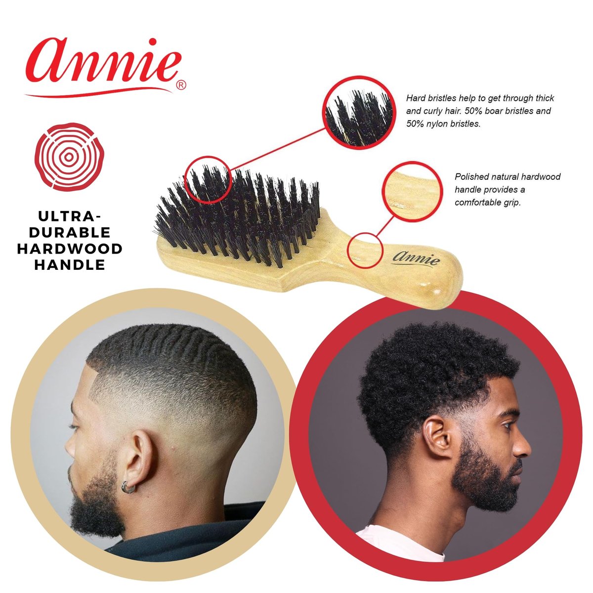 Annie Natural Boar Bristle Hard Club Brush #2061 – Reinforced Boar Bristles for All Hair Types - görsel 5