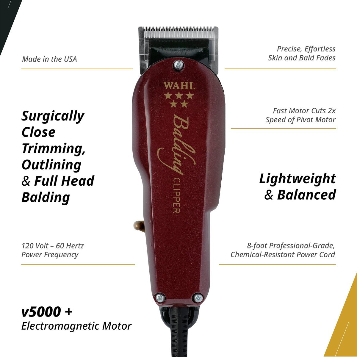 Wahl Professional 5 Star Balding Clipper - Corded V5000 Electromagnetic Motor for Ultra-Close Trimming Avelisse