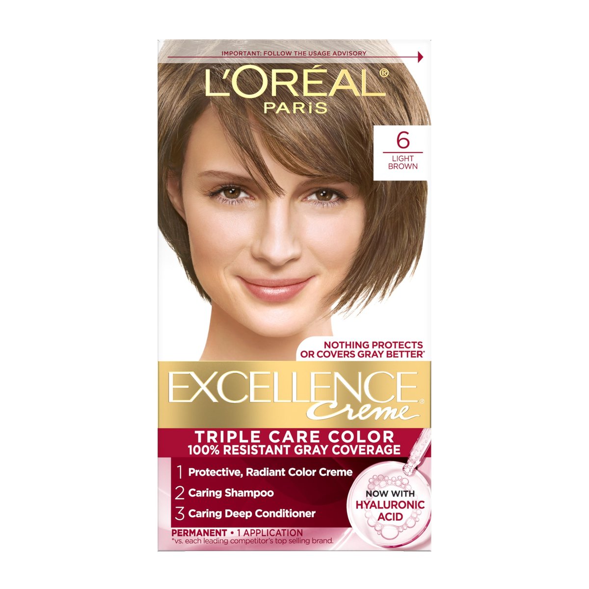 L'Oreal Paris Excellence Crème Permanent Hair Dye - 6 Light Brown, Triple Care with Hyaluronic Acid, 100% Gray Coverage - görsel 1