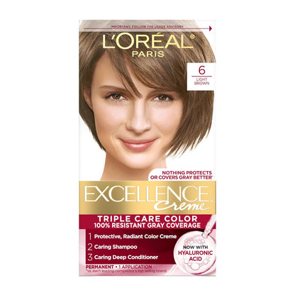 L'Oreal Paris Excellence Crème Permanent Hair Dye - 6 Light Brown, Triple Care with Hyaluronic Acid, 100% Gray Coverage