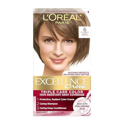 L'Oreal Paris Excellence Crème Permanent Hair Dye - 6 Light Brown, Triple Care with Hyaluronic Acid, 100% Gray Coverage