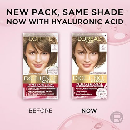 L'Oreal Paris Excellence Crème Permanent Hair Dye - 6 Light Brown, Triple Care with Hyaluronic Acid, 100% Gray Coverage