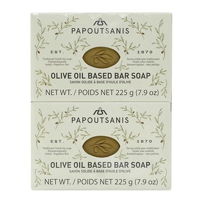 Papoutsanis Greek Olive Oil Based Soap Bar - Natural, Unscented, Hypoallergenic - 4-Pack of 7.9oz Bars