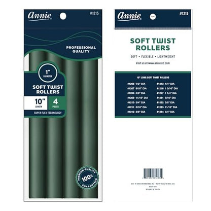 Annie Soft Twist Roller Set 1" Diameter: 4 Flexible Heatless Rollers (Dark Green)