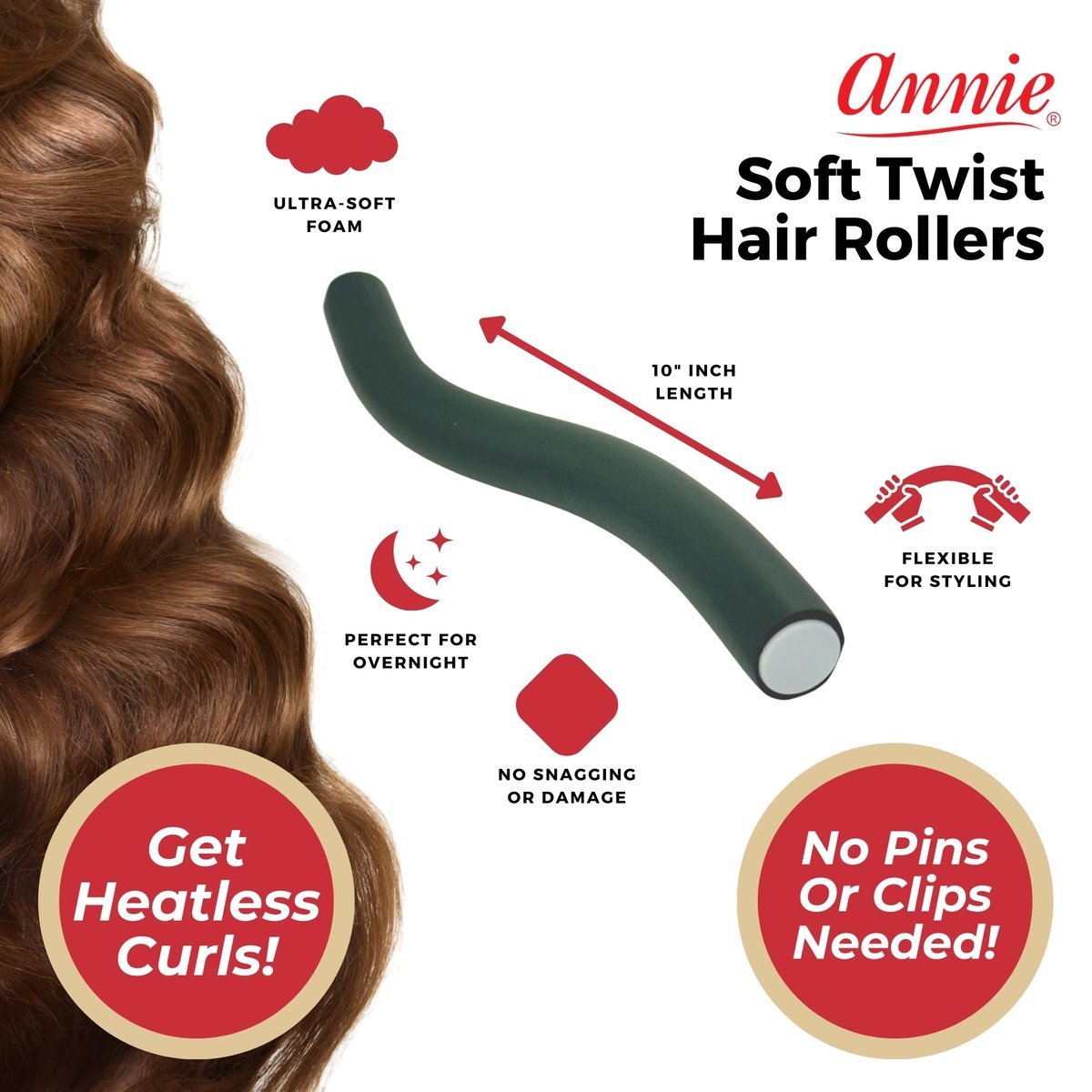 Annie Soft Twist Roller Set 1" Diameter: 4 Flexible Heatless Rollers (Dark Green) - görsel 5