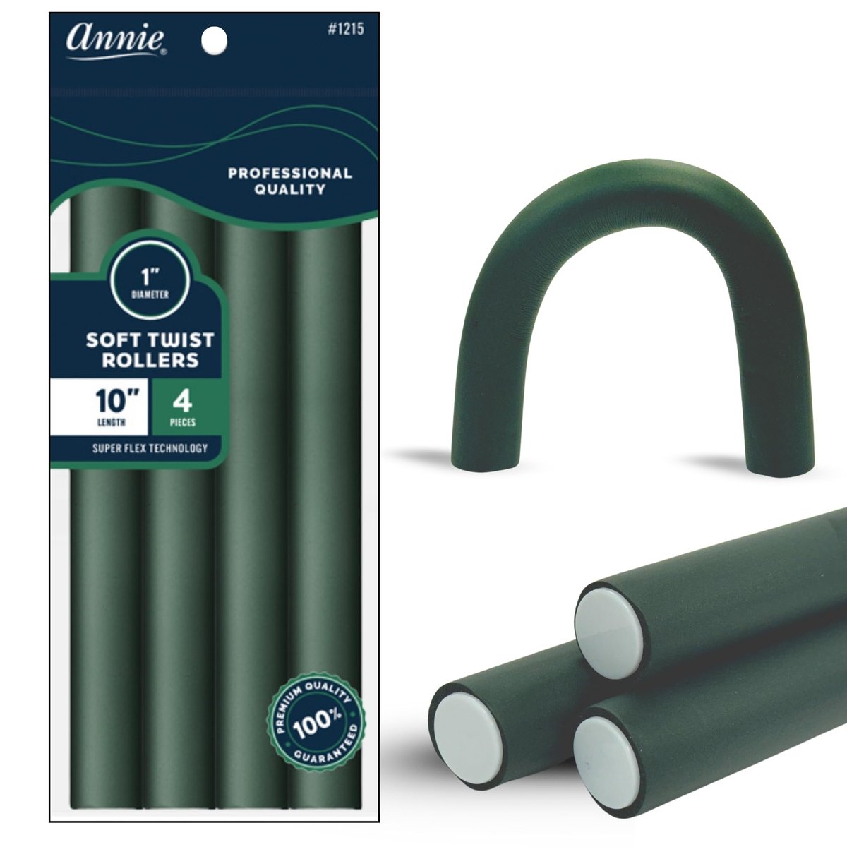 Annie Soft Twist Roller Set 1" Diameter: 4 Flexible Heatless Rollers (Dark Green) - görsel 1