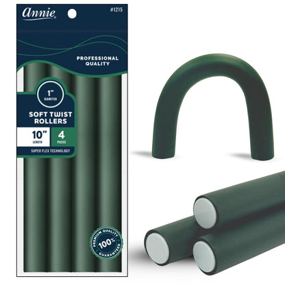 Annie Soft Twist Roller Set 1" Diameter: 4 Flexible Heatless Rollers (Dark Green)