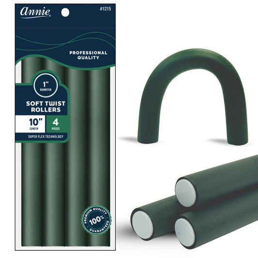 Annie Soft Twist Roller Set 1" Diameter: 4 Flexible Heatless Rollers (Dark Green)