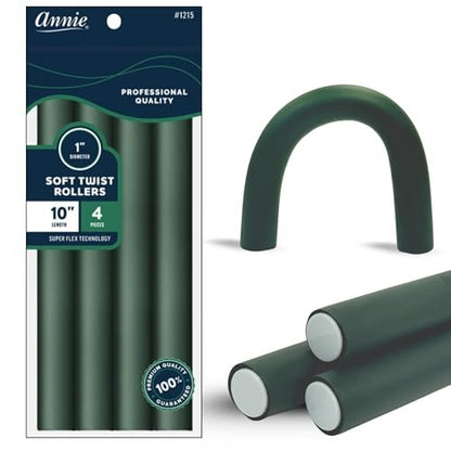 Annie Soft Twist Roller Set 1" Diameter: 4 Flexible Heatless Rollers (Dark Green)