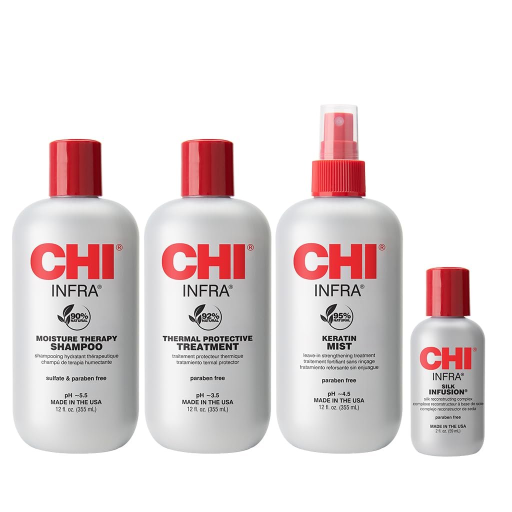 CHI Home Stylist Kit: Infra Shampoo, Treatment, Keratin Mist & Silk Infusion - Sulfate-Free, Paraben-Free, Cruelty-Free Hair Care Set Avelisse