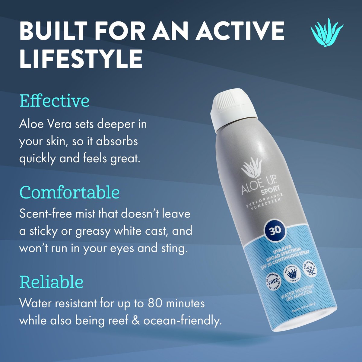 Aloe Up Sport Spray Sunscreen SPF 30 – Broad Spectrum Sunblock with Hydrating Aloe Vera Gel – Fast Absorbing, No White Cast, Reef Friendly, Water Resistant up to 80 Minutes, Fragrance Free – 6 Oz - görsel 3