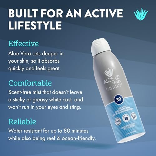 Aloe Up Sport Spray Sunscreen SPF 30 – Broad Spectrum Sunblock with Hydrating Aloe Vera Gel – Fast Absorbing, No White Cast, Reef Friendly, Water Resistant up to 80 Minutes, Fragrance Free – 6 Oz - görsel 4