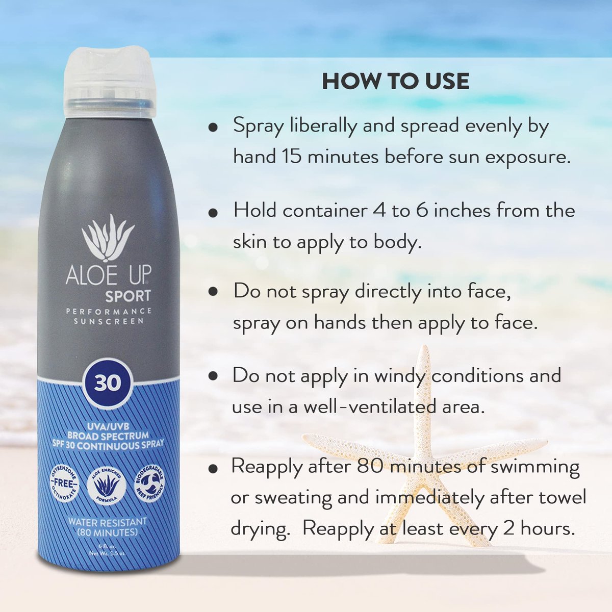 Aloe Up Sport Spray Sunscreen SPF 30 – Broad Spectrum Sunblock with Hydrating Aloe Vera Gel – Fast Absorbing, No White Cast, Reef Friendly, Water Resistant up to 80 Minutes, Fragrance Free – 6 Oz - görsel 11