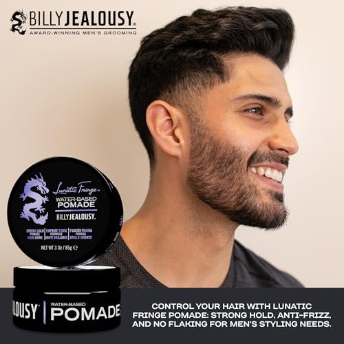 Billy Jealousy Lunatic Fringe Water-Based Pomade for Men - Strong Hold, High Shine, Vegan Hair Product for Medium to Long Thick Mane (3 oz) Avelisse