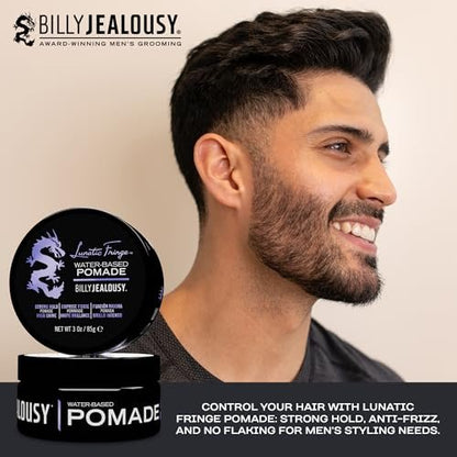 Billy Jealousy Lunatic Fringe Water-Based Pomade for Men - Strong Hold, High Shine, Vegan Hair Product for Medium to Long Thick Mane (3 oz) Avelisse