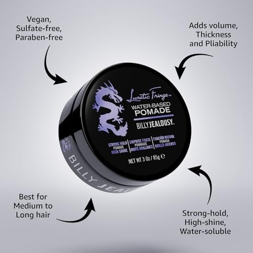 Billy Jealousy Lunatic Fringe Water-Based Pomade for Men - Strong Hold, High Shine, Vegan Hair Product for Medium to Long Thick Mane (3 oz) Avelisse