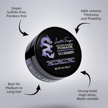 Billy Jealousy Lunatic Fringe Water-Based Pomade for Men - Strong Hold, High Shine, Vegan Hair Product for Medium to Long Thick Mane (3 oz) Avelisse