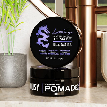Billy Jealousy Lunatic Fringe Water-Based Pomade for Men - Strong Hold, High Shine, Vegan Hair Product for Medium to Long Thick Mane (3 oz) Avelisse