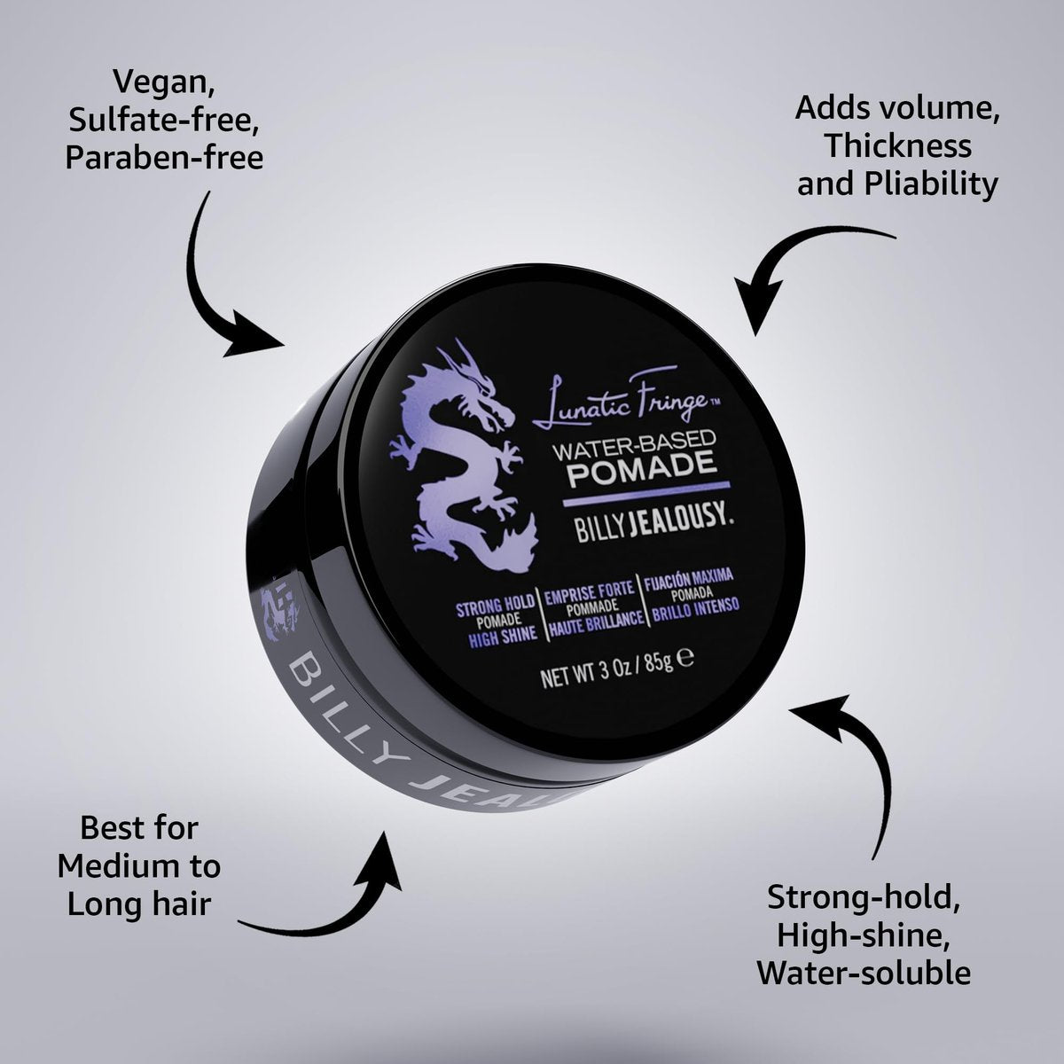 Billy Jealousy Lunatic Fringe Water-Based Pomade for Men - Strong Hold, High Shine, Vegan Hair Product for Medium to Long Thick Mane (3 oz) Avelisse