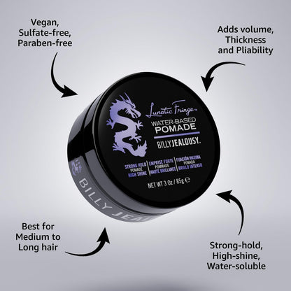 Billy Jealousy Lunatic Fringe Water-Based Pomade for Men - Strong Hold, High Shine, Vegan Hair Product for Medium to Long Thick Mane (3 oz) Avelisse