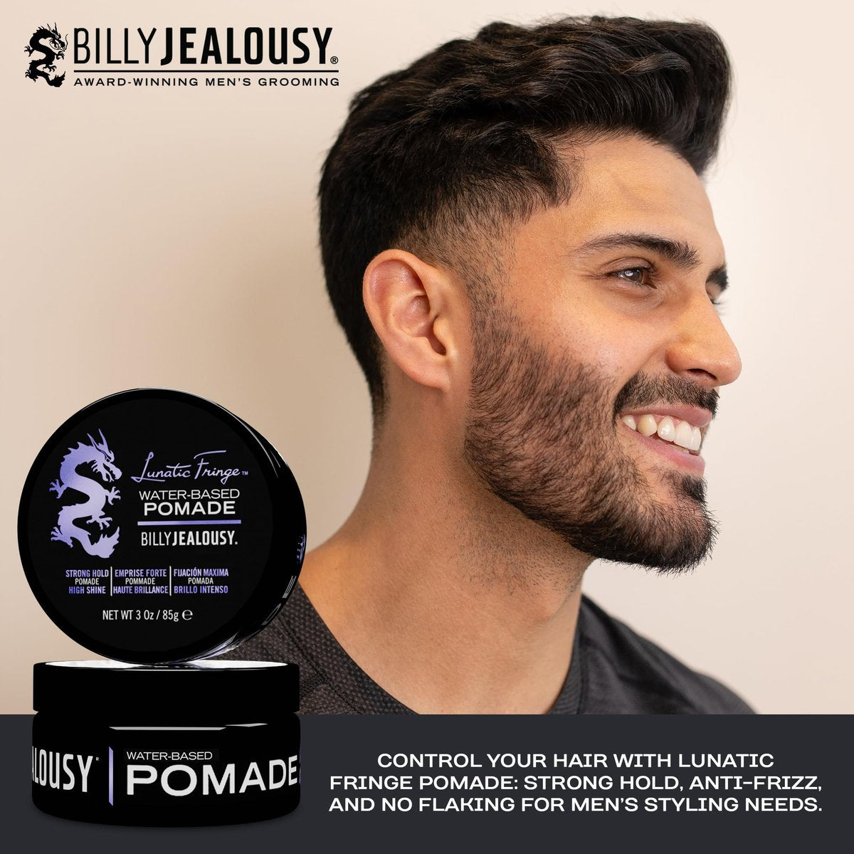 Billy Jealousy Lunatic Fringe Water-Based Pomade for Men - Strong Hold, High Shine, Vegan Hair Product for Medium to Long Thick Mane (3 oz) Avelisse