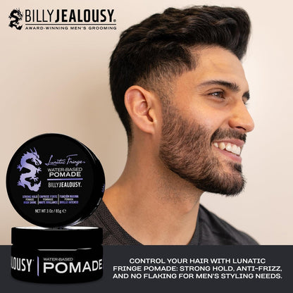 Billy Jealousy Lunatic Fringe Water-Based Pomade for Men - Strong Hold, High Shine, Vegan Hair Product for Medium to Long Thick Mane (3 oz) Avelisse