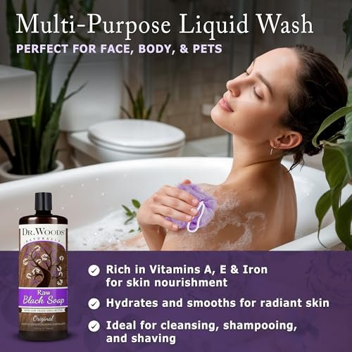 Dr. Woods Raw Liquid Black Soap - Gentle Exfoliating Body Wash for Men and Women, Natural Face and Hand Cleanser, 32 Fl Oz Avelisse