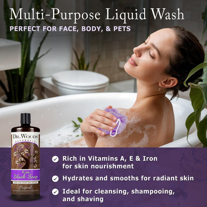 Dr. Woods Raw Liquid Black Soap - Gentle Exfoliating Body Wash for Men and Women, Natural Face and Hand Cleanser, 32 Fl Oz Avelisse