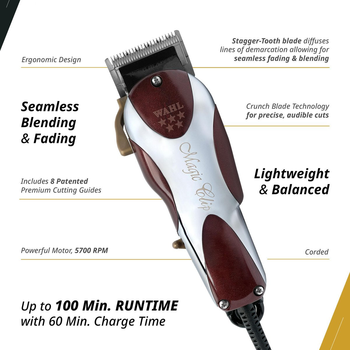 Wahl Professional 5 Star Series Magic Clip Precision Fade Clipper – Corded, Zero Overlap Adjustable Blades, V9000 Motor, Chrome Finish Avelisse