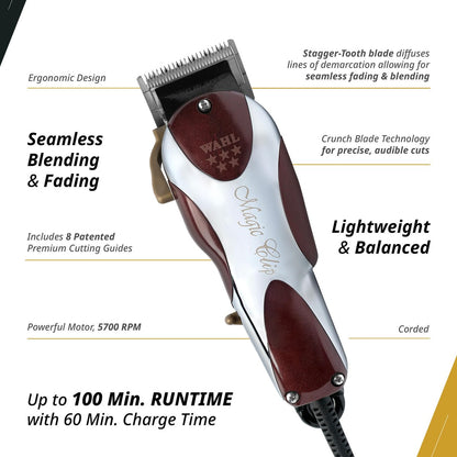 Wahl Professional 5 Star Series Magic Clip Precision Fade Clipper – Corded, Zero Overlap Adjustable Blades, V9000 Motor, Chrome Finish Avelisse