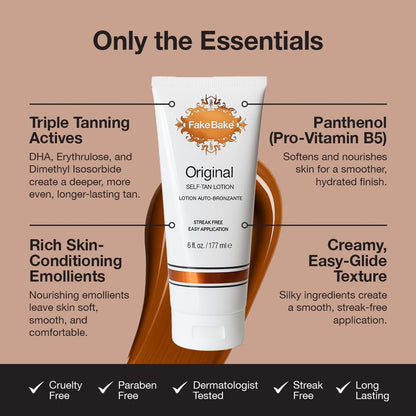 Fake Bake Original Self-Tanning Lotion – Streak-Free, Natural Sunless Tanner for All Skin Tones – Buildable Color for Women & Men – 6 oz Avelisse