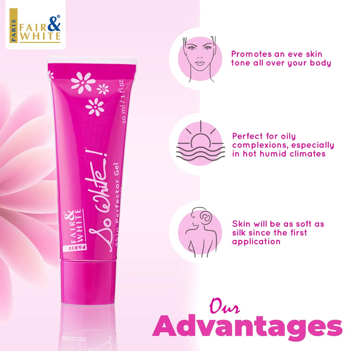 FAIR & WHITE So White Skin Perfector Gel - 1 Fl oz / 30ml - Brightening Sunscreen Gel Avelisse