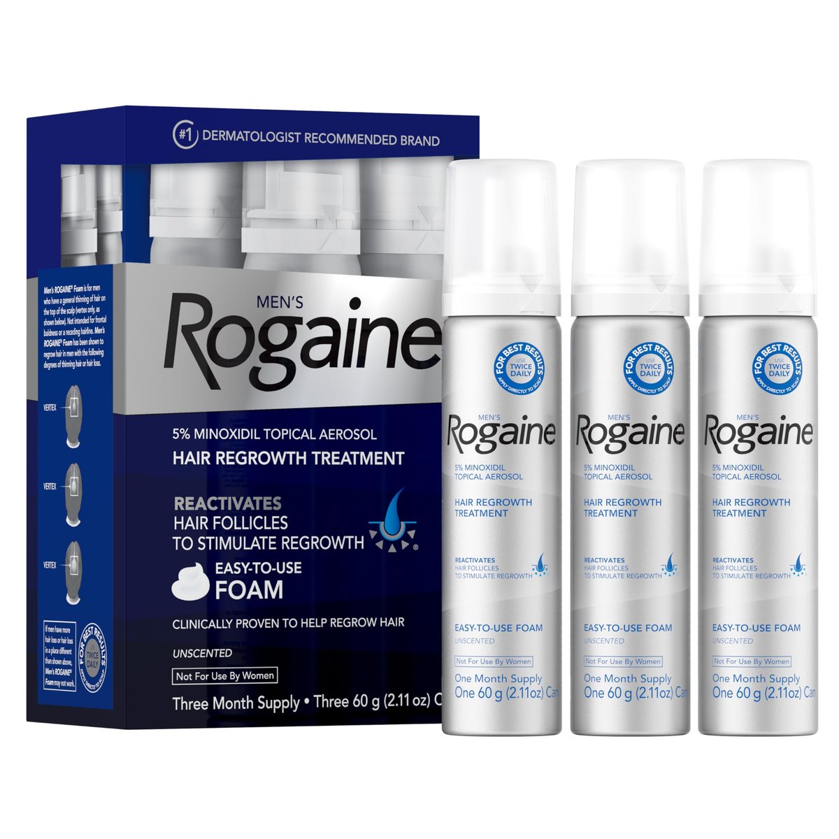Rogaine 5% Minoxidil Foam for Men – Clinically Proven Hair Regrowth, 3-Month Supply (3 x 2.11 oz), Unscented Avelisse