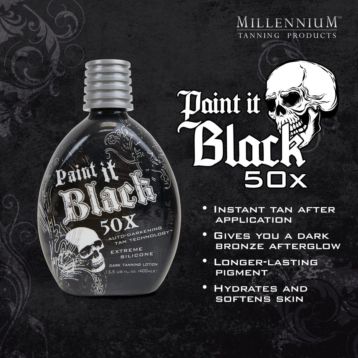 Millennium Tanning Paint It Black 50x Dark Tanning Bed Lotion, 13.5 fl oz - Extreme Indoor Tanning Accelerator Avelisse